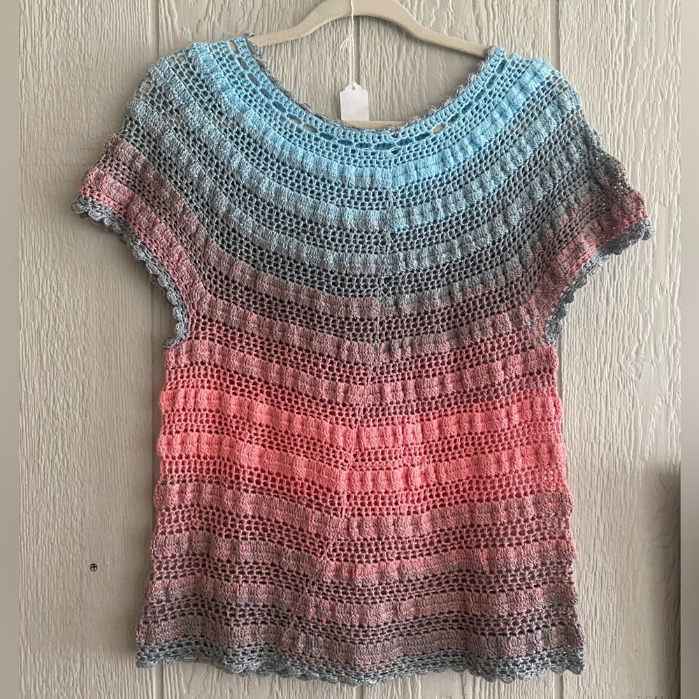 Women Handmade Crochet Blue Pink Ombré Multicolor Short Sleeve Boho Top No Size - Picture 1 of 6